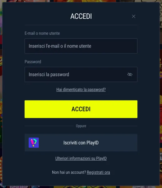 Schermata login Rabona